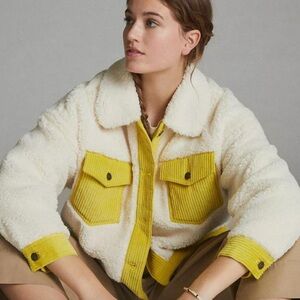 JODIFL Contrast Corduroy‎ Trimmed Button Up Sherpa Jacket Size S Cabincore